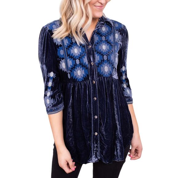 Johnny Was Blue Nomi Velvet Smock Button Down Shirt - Picture 3 of 11